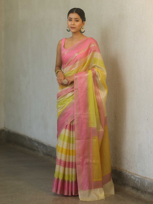 Banarasee Handwoven Semi Silk Saree With Stripes Design-Pink & Yellow