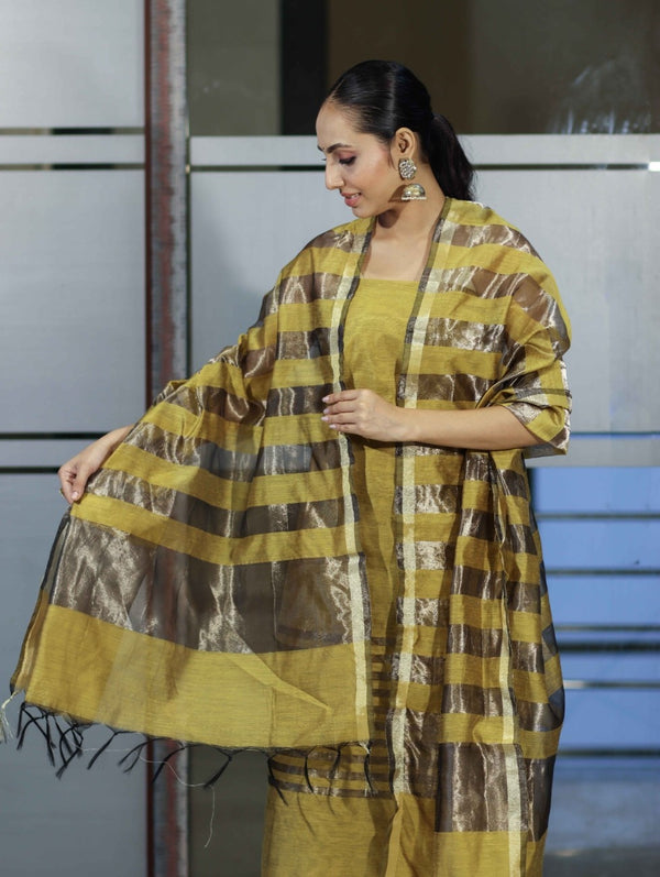 Banarasee Cotton Silk Stripe Pattern Salwar Kameez Fabric With Dupatta Set-Lemon Yellow
