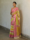 Banarasee Handwoven Semi Silk Saree With Stripes Design-Pink & Yellow