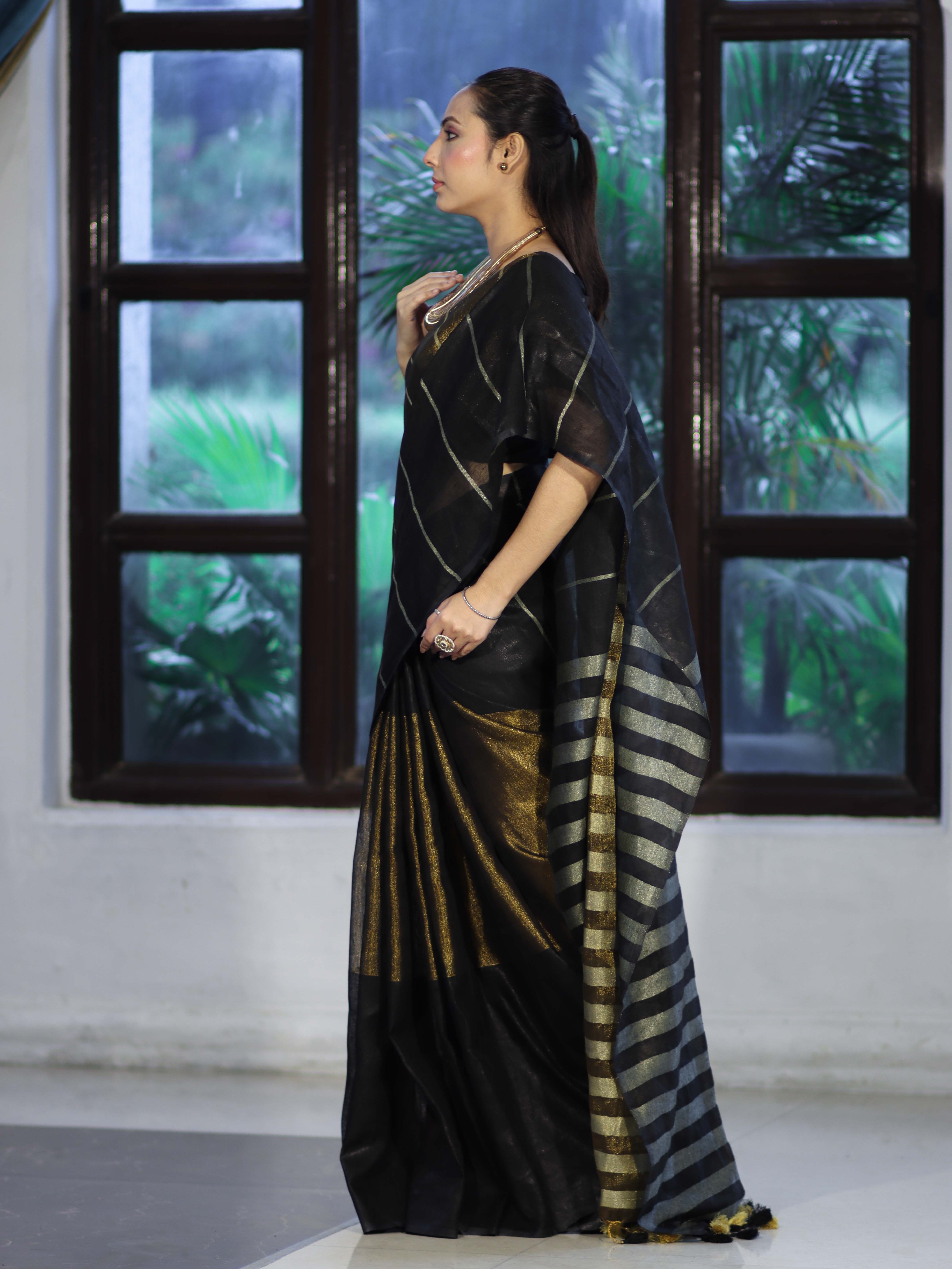 Bhagalpur Handloom Pure Linen Cotton Saree With Zari Stripes Design-Black & Gold