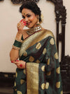 Banarasee Handwoven Semi-Katan Tanchoi Weaving Floral Border Saree-Deep Green