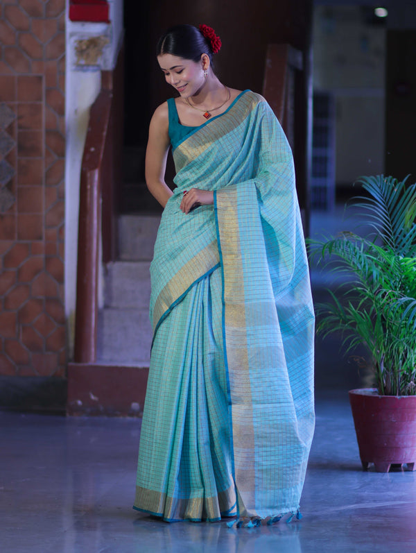 Bhagalpur Handloom Pure Linen Saree With Zari Checks Design-Aqua Green