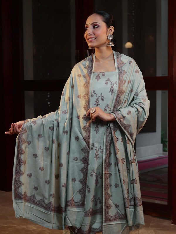 Banarasee Handloom Pure Cotton Silk Salwar Kameez Fabric With Dupatta-Sage Green