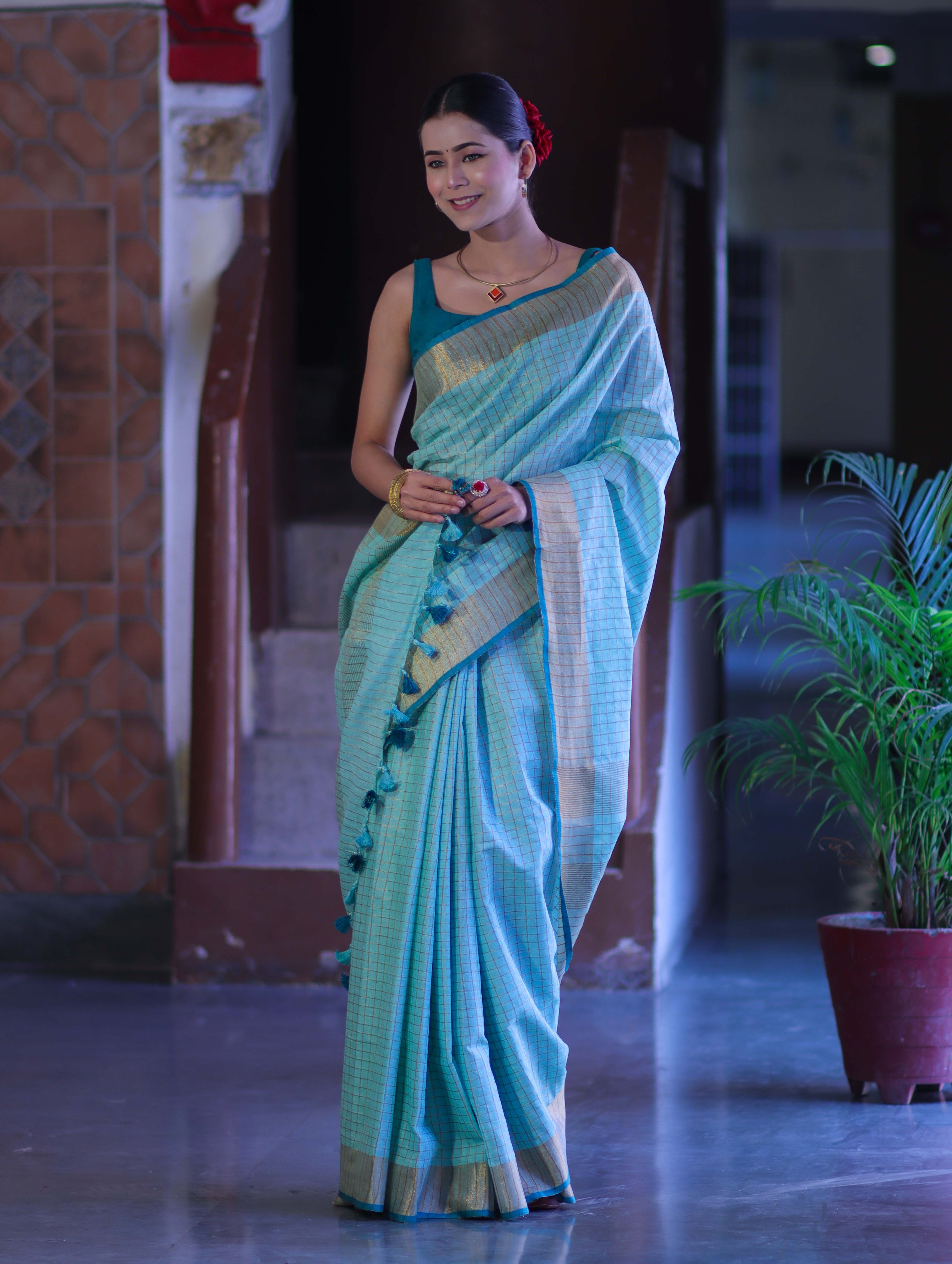 Bhagalpur Handloom Pure Linen Saree With Zari Checks Design-Aqua Green