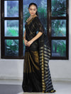 Bhagalpur Handloom Pure Linen Cotton Saree With Zari Stripes Design-Black & Gold