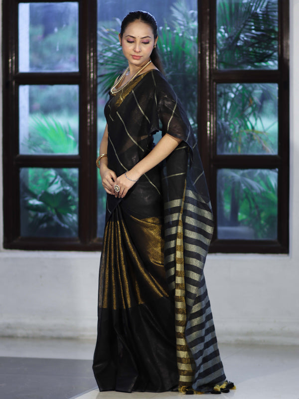 Bhagalpur Handloom Pure Linen Cotton Saree With Zari Stripes Design-Black & Gold