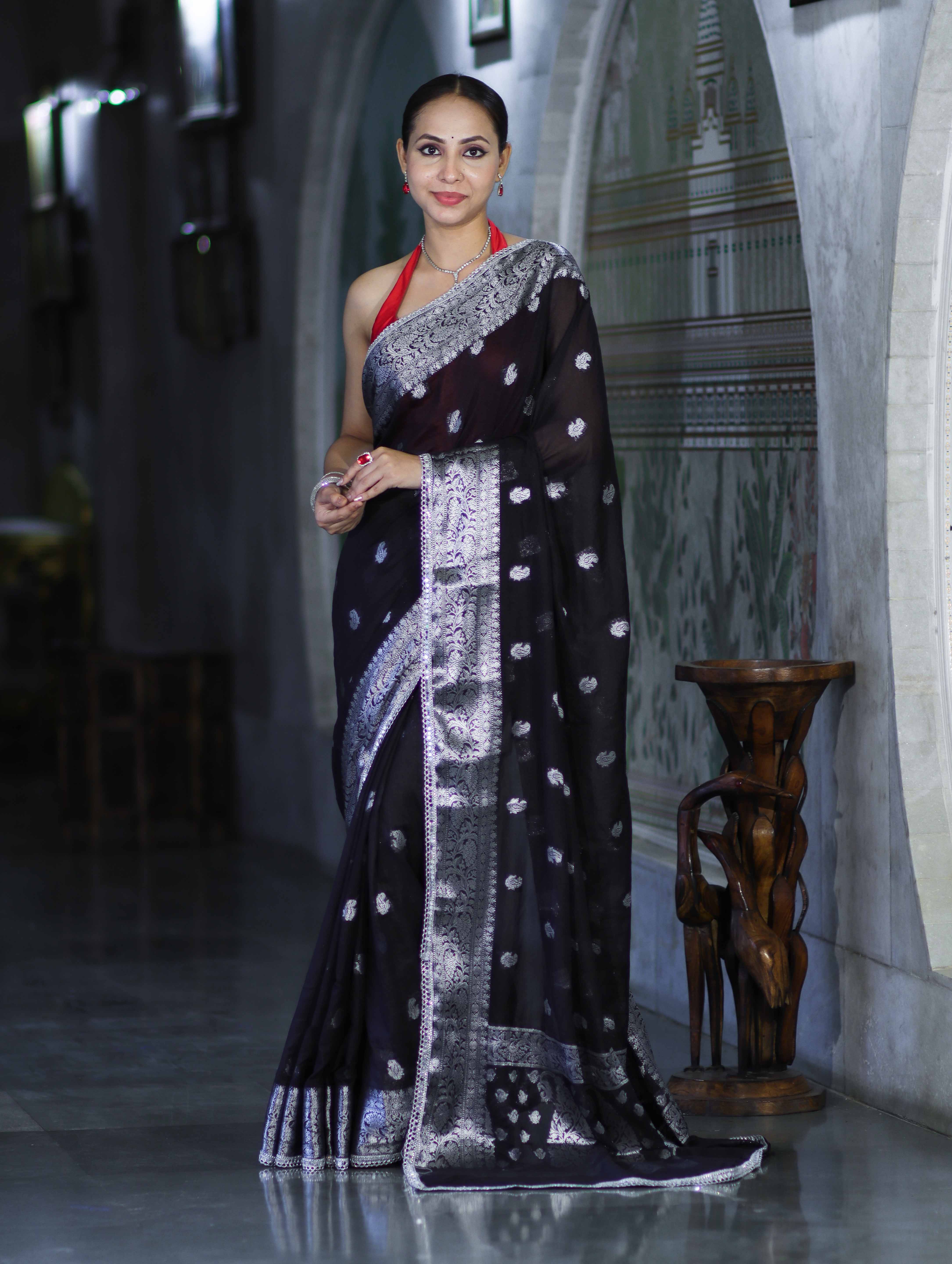 Banarasee Semi Chiffon Saree With Buta Work Silver Zari Border & Lace-Black