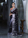 Banarasee Semi Chiffon Saree With Buta Work Silver Zari Border & Lace-Black