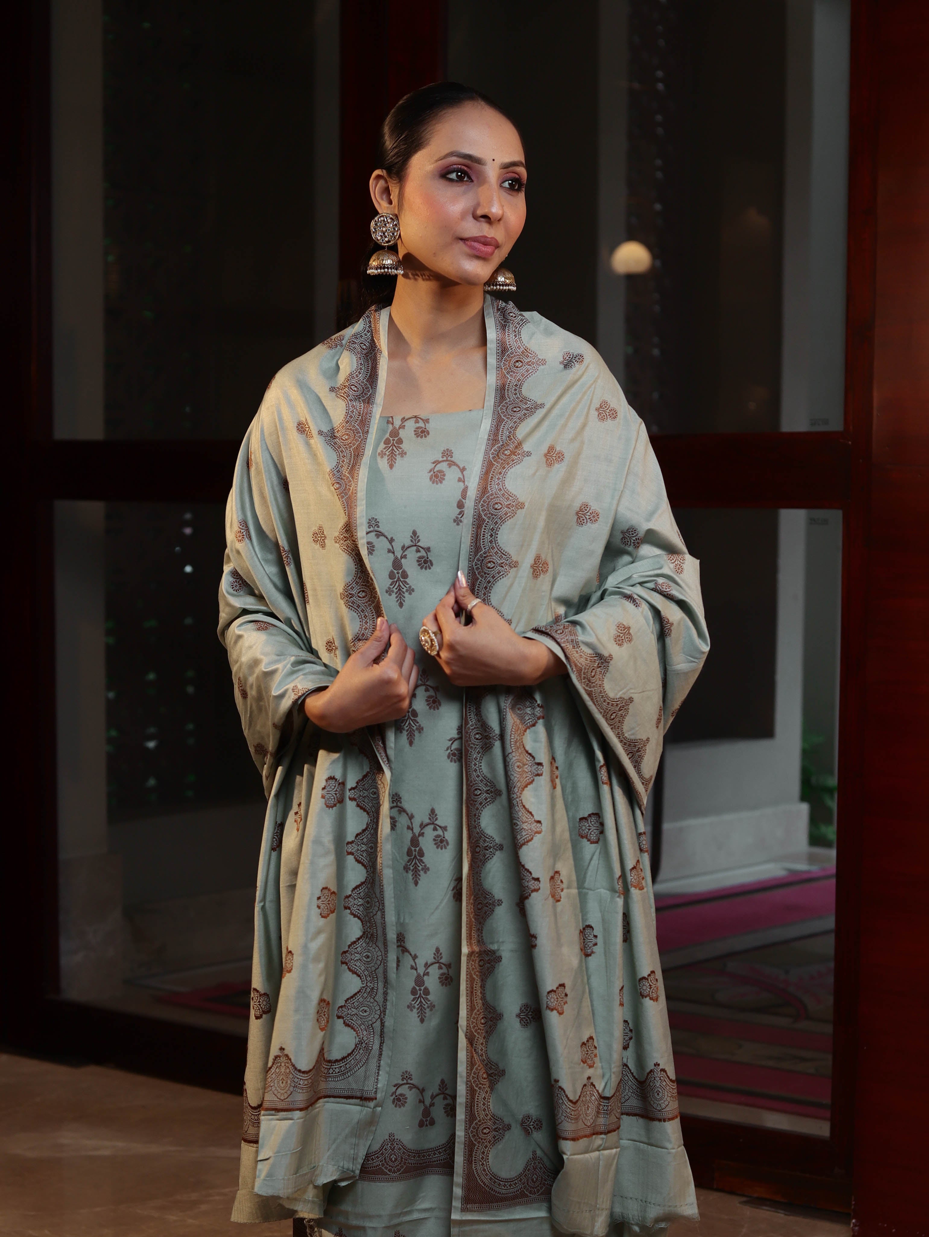 Banarasee Handloom Pure Cotton Silk Salwar Kameez Fabric With Dupatta-Sage Green