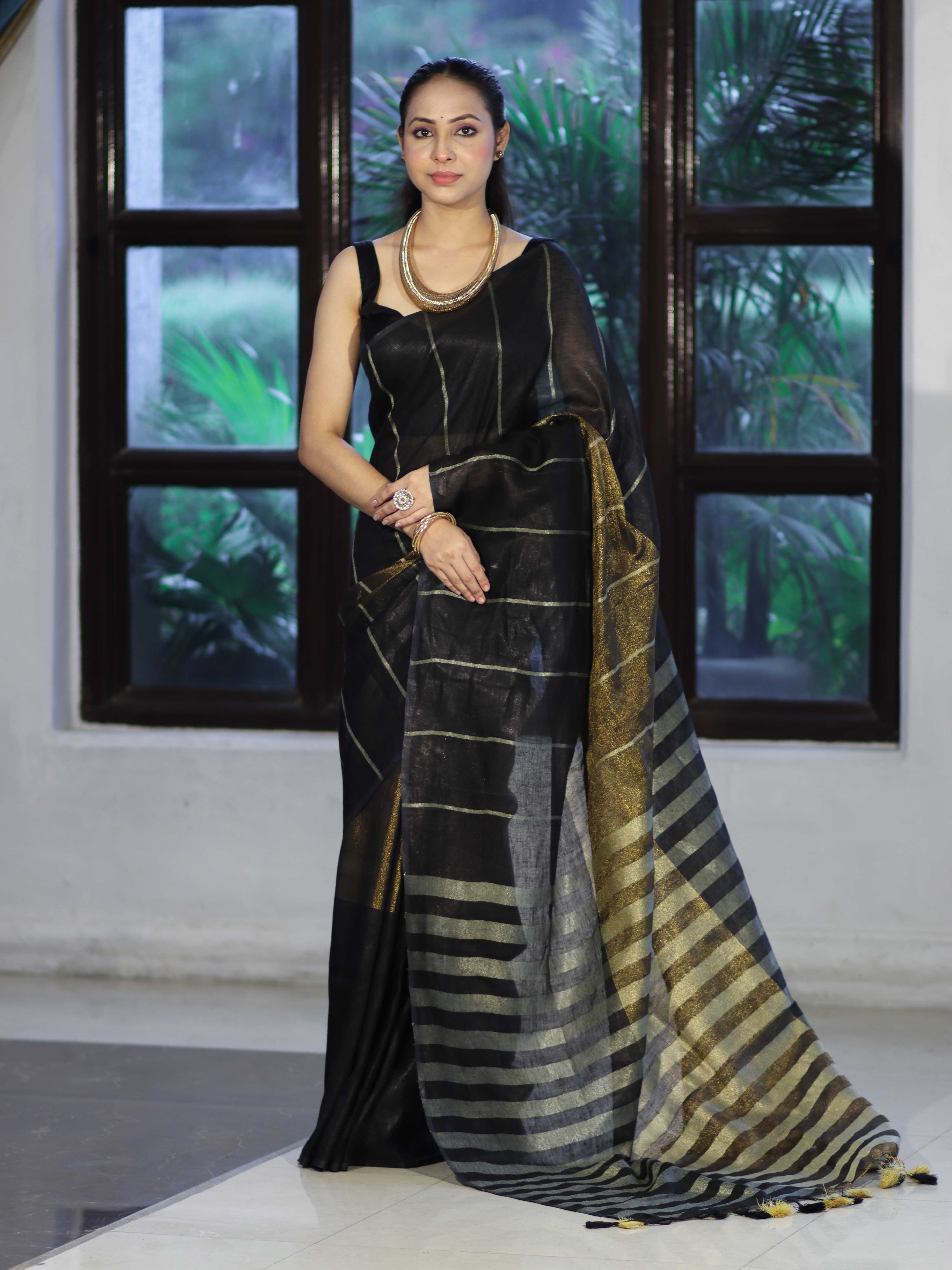 Bhagalpur Handloom Pure Linen Cotton Saree With Zari Stripes Design-Black & Gold
