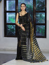 Bhagalpur Handloom Pure Linen Cotton Saree With Zari Stripes Design-Black & Gold