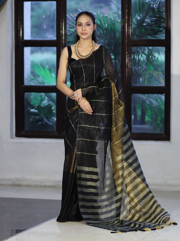 Bhagalpur Handloom Pure Linen Cotton Saree With Zari Stripes Design-Black & Gold