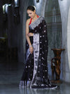Banarasee Semi Chiffon Saree With Buta Work Silver Zari Border & Lace-Black