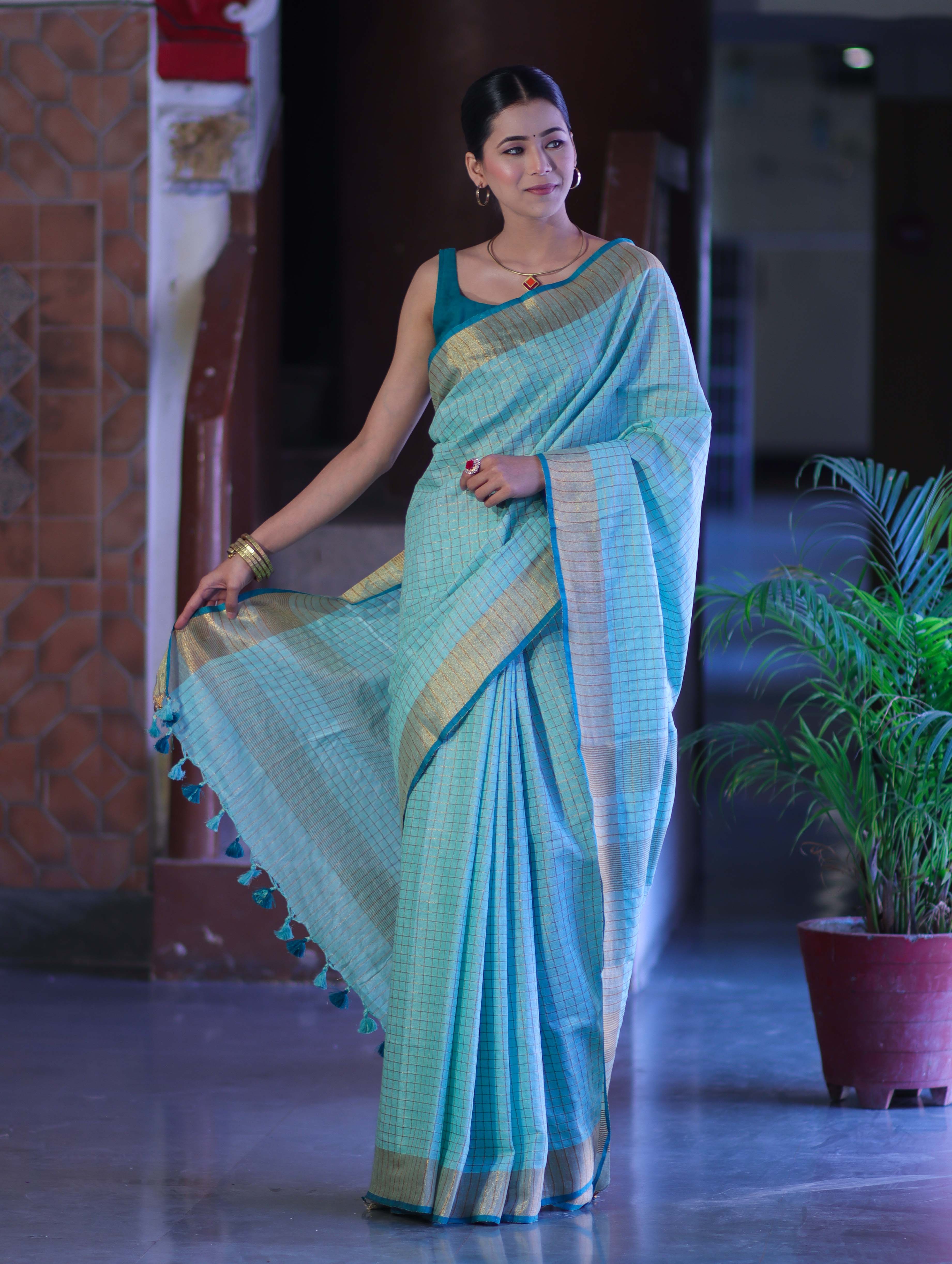 Bhagalpur Handloom Pure Linen Saree With Zari Checks Design-Aqua Green
