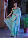 Bhagalpur Handloom Pure Linen Saree With Zari Checks Design-Aqua Green