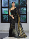 Bhagalpur Handloom Pure Linen Cotton Saree With Zari Stripes Design-Black & Gold