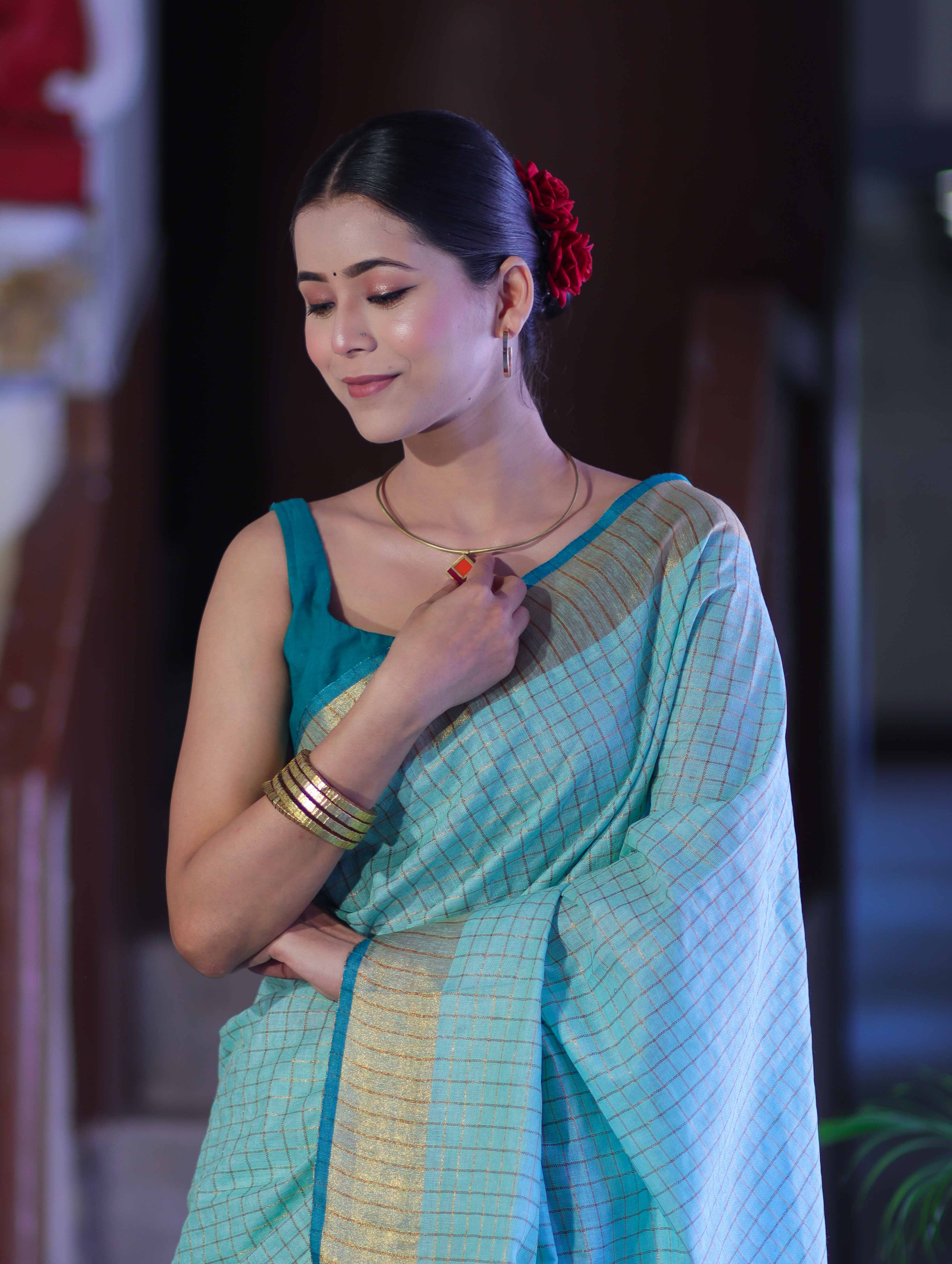 Bhagalpur Handloom Pure Linen Saree With Zari Checks Design-Aqua Green