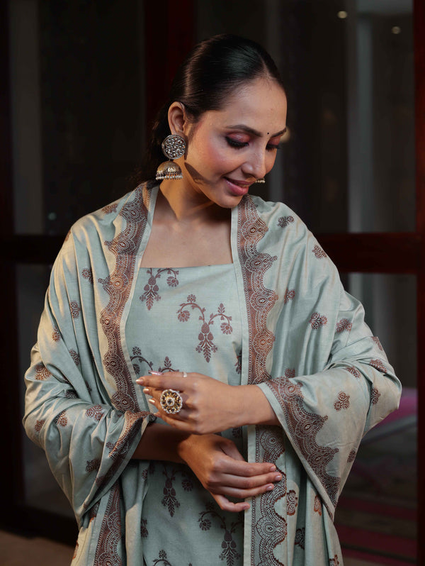 Banarasee Handloom Pure Cotton Silk Salwar Kameez Fabric With Dupatta-Sage Green