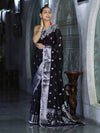 Banarasee Semi Chiffon Saree With Buta Work Silver Zari Border & Lace-Black