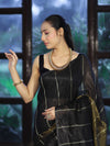 Bhagalpur Handloom Pure Linen Cotton Saree With Zari Stripes Design-Black & Gold