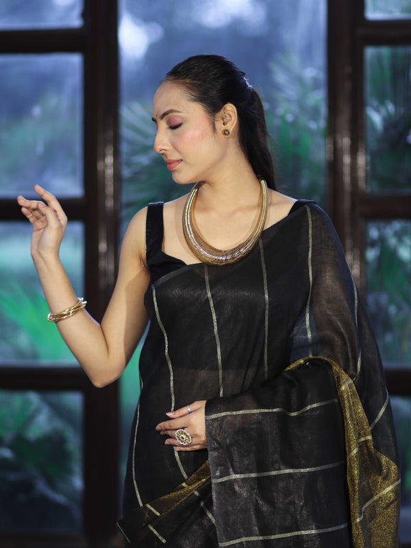 Bhagalpur Handloom Pure Linen Cotton Saree With Zari Stripes Design-Black & Gold