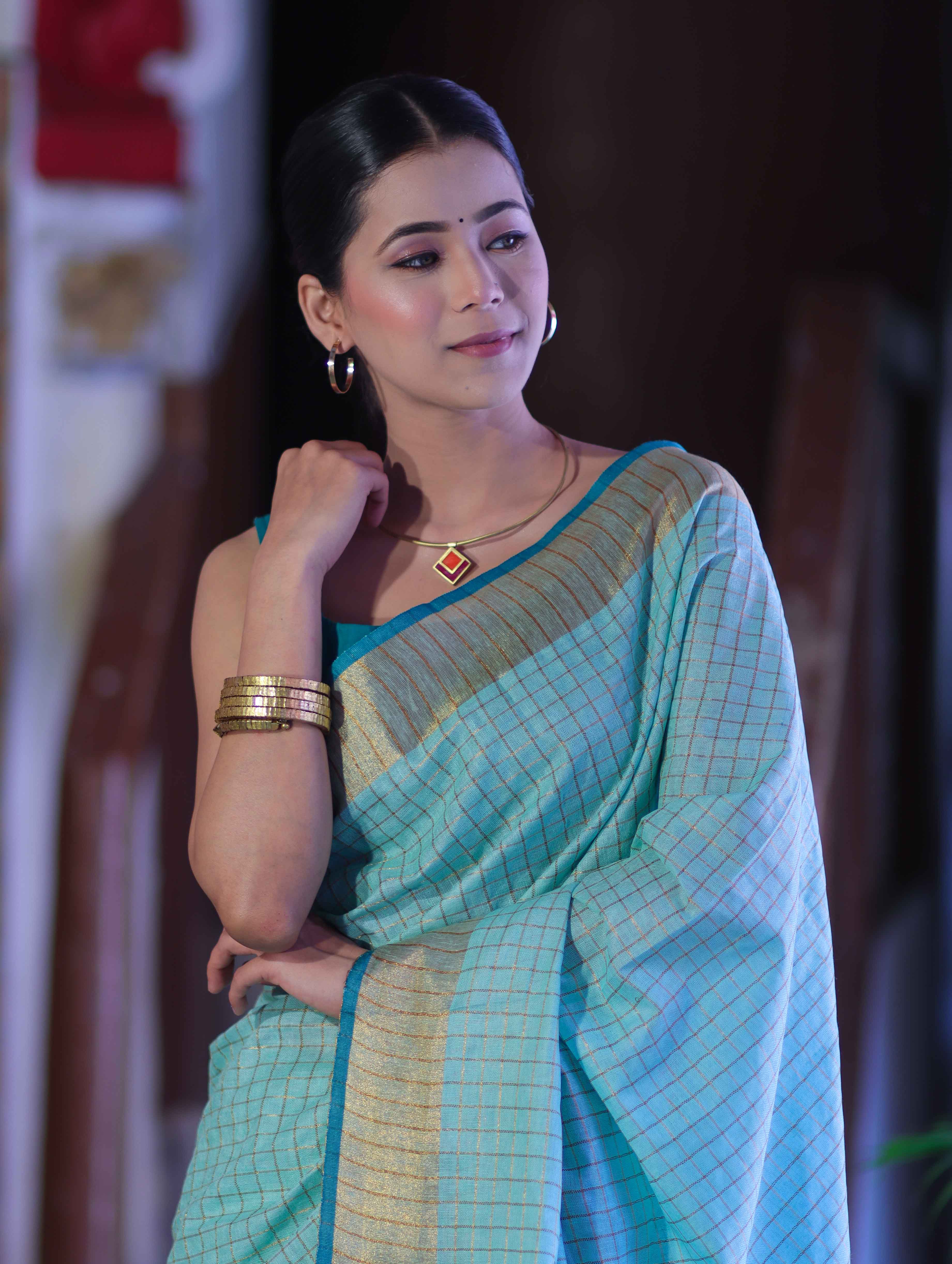 Bhagalpur Handloom Pure Linen Saree With Zari Checks Design-Aqua Green