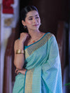 Bhagalpur Handloom Pure Linen Saree With Zari Checks Design-Aqua Green