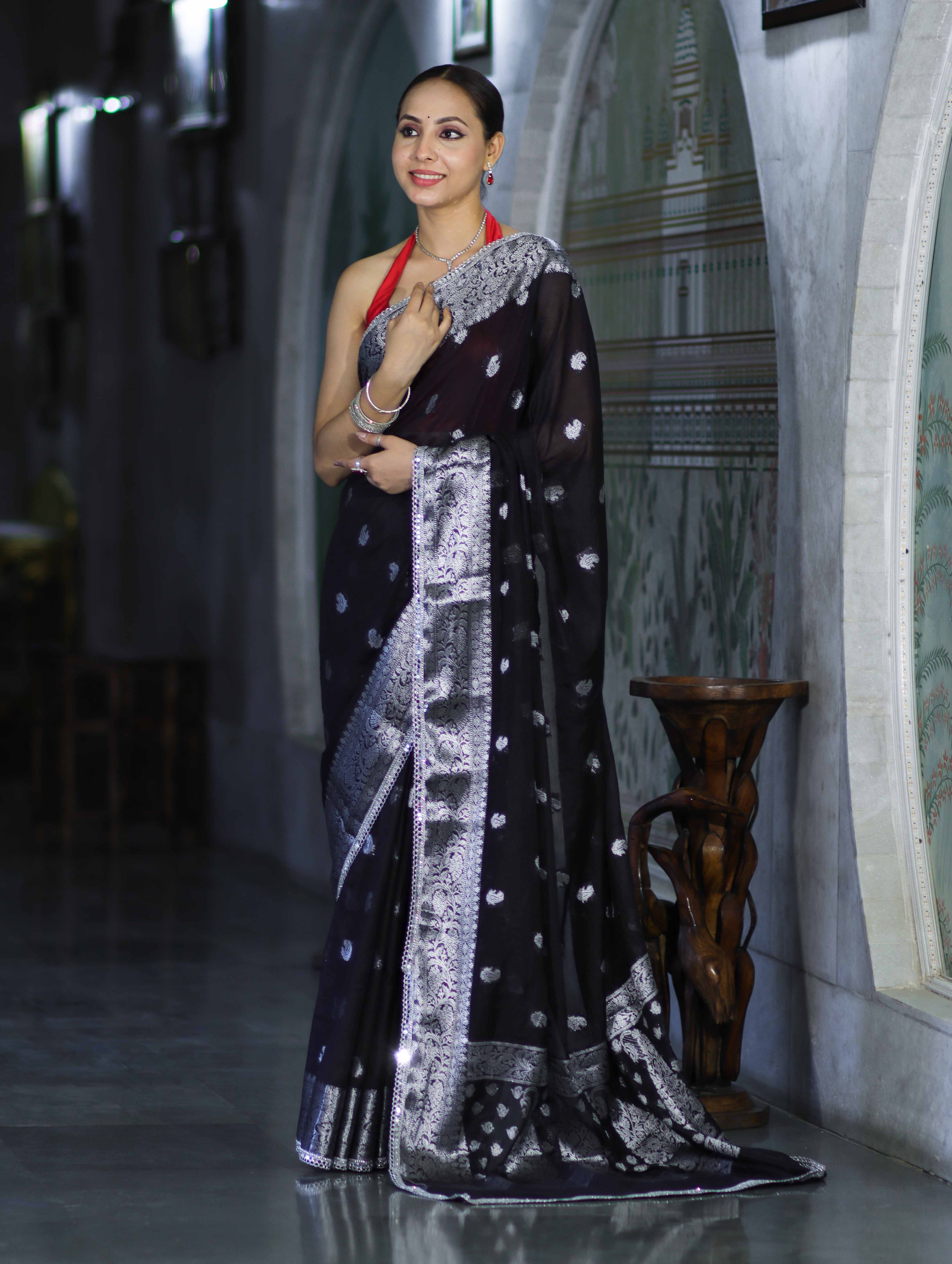 Banarasee Semi Chiffon Saree With Buta Work Silver Zari Border & Lace-Black