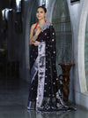 Banarasee Semi Chiffon Saree With Buta Work Silver Zari Border & Lace-Black