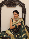 Banarasee Handwoven Semi-Katan Tanchoi Weaving Floral Border Saree-Deep Green