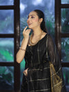 Bhagalpur Handloom Pure Linen Cotton Saree With Zari Stripes Design-Black & Gold