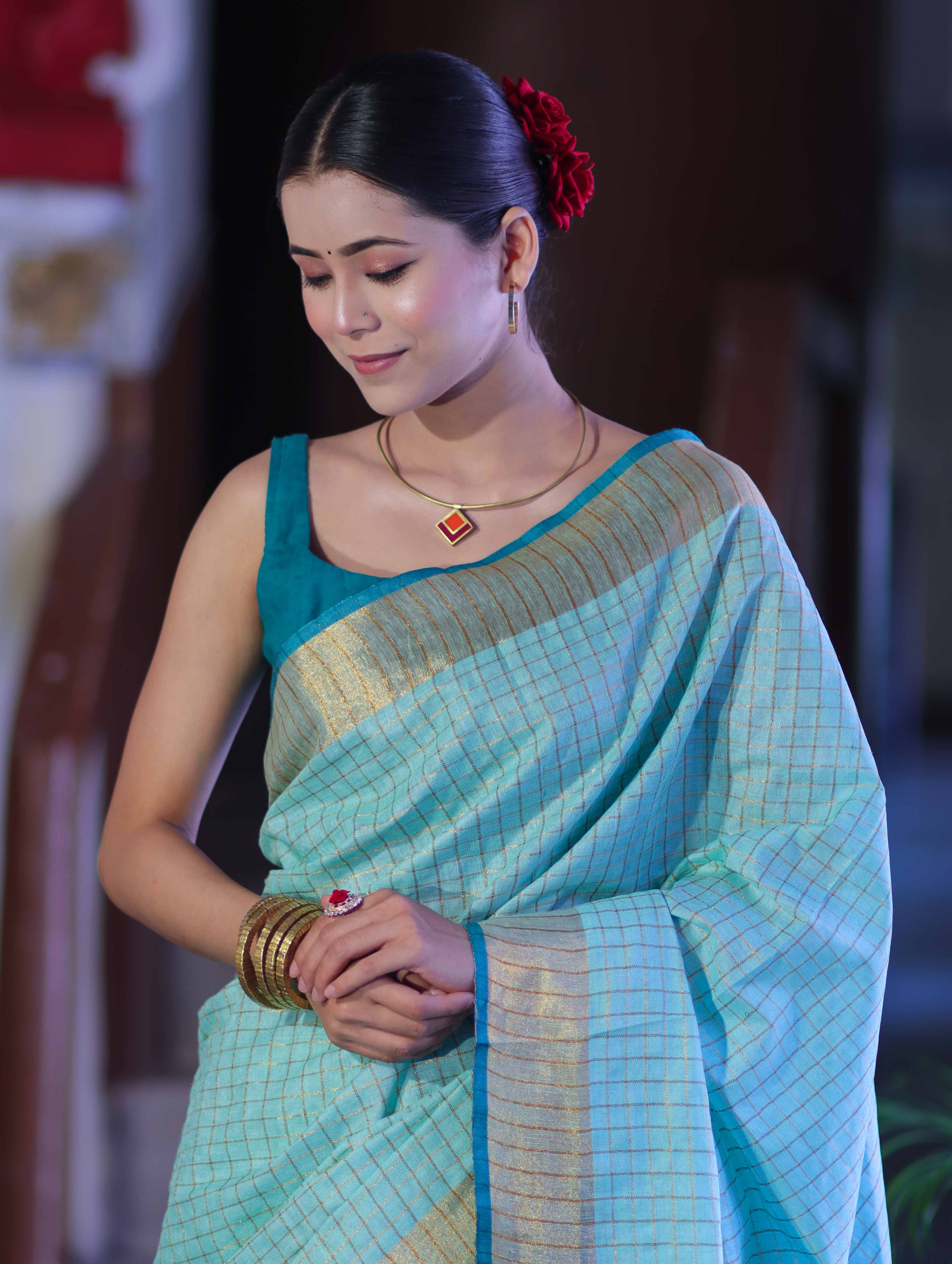 Bhagalpur Handloom Pure Linen Saree With Zari Checks Design-Aqua Green