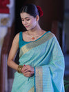 Bhagalpur Handloom Pure Linen Saree With Zari Checks Design-Aqua Green