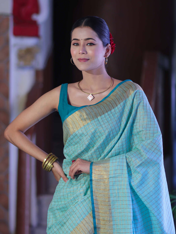 Bhagalpur Handloom Pure Linen Saree With Zari Checks Design-Aqua Green