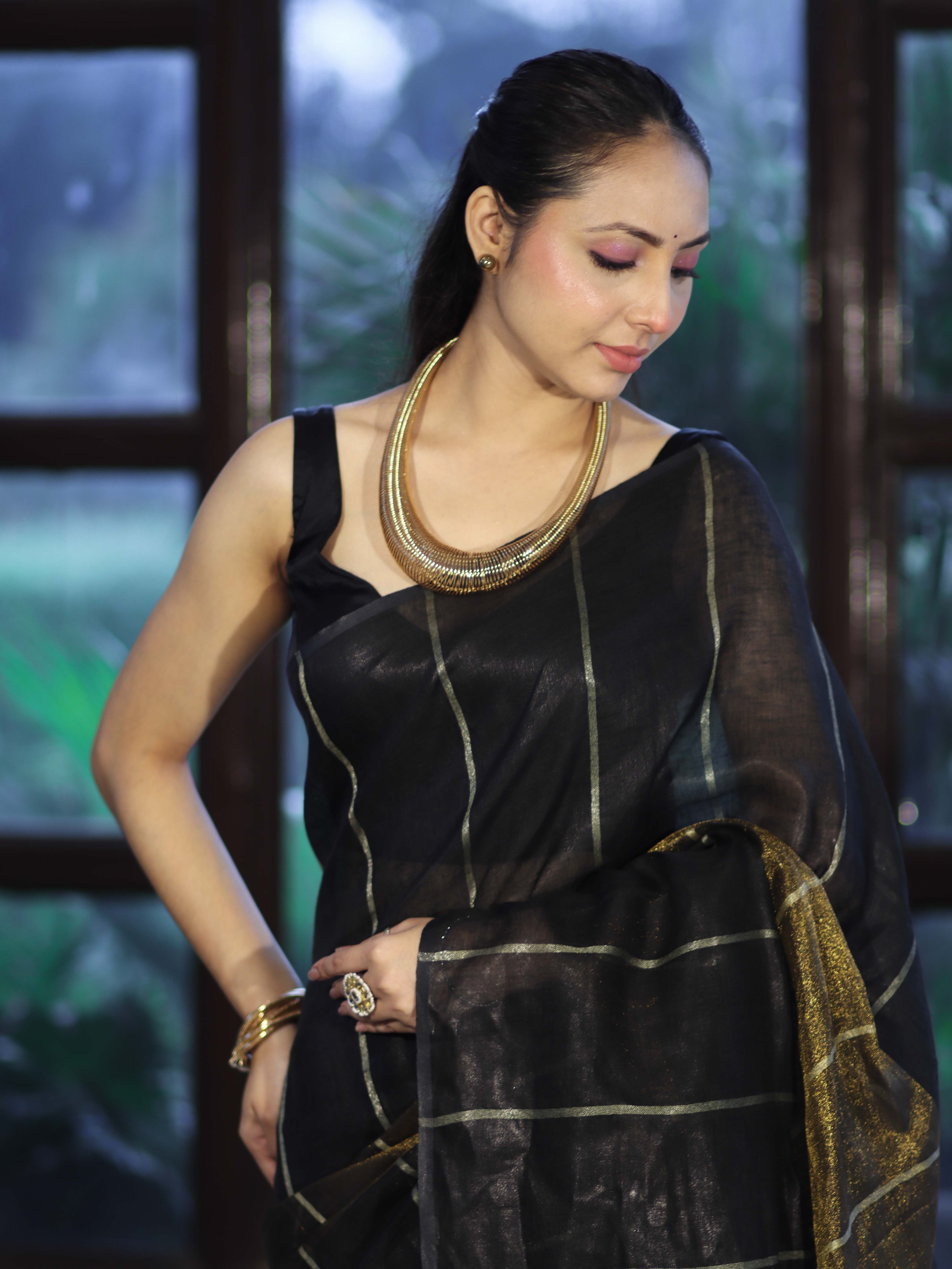 Bhagalpur Handloom Pure Linen Cotton Saree With Zari Stripes Design-Black & Gold