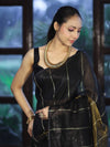 Bhagalpur Handloom Pure Linen Cotton Saree With Zari Stripes Design-Black & Gold