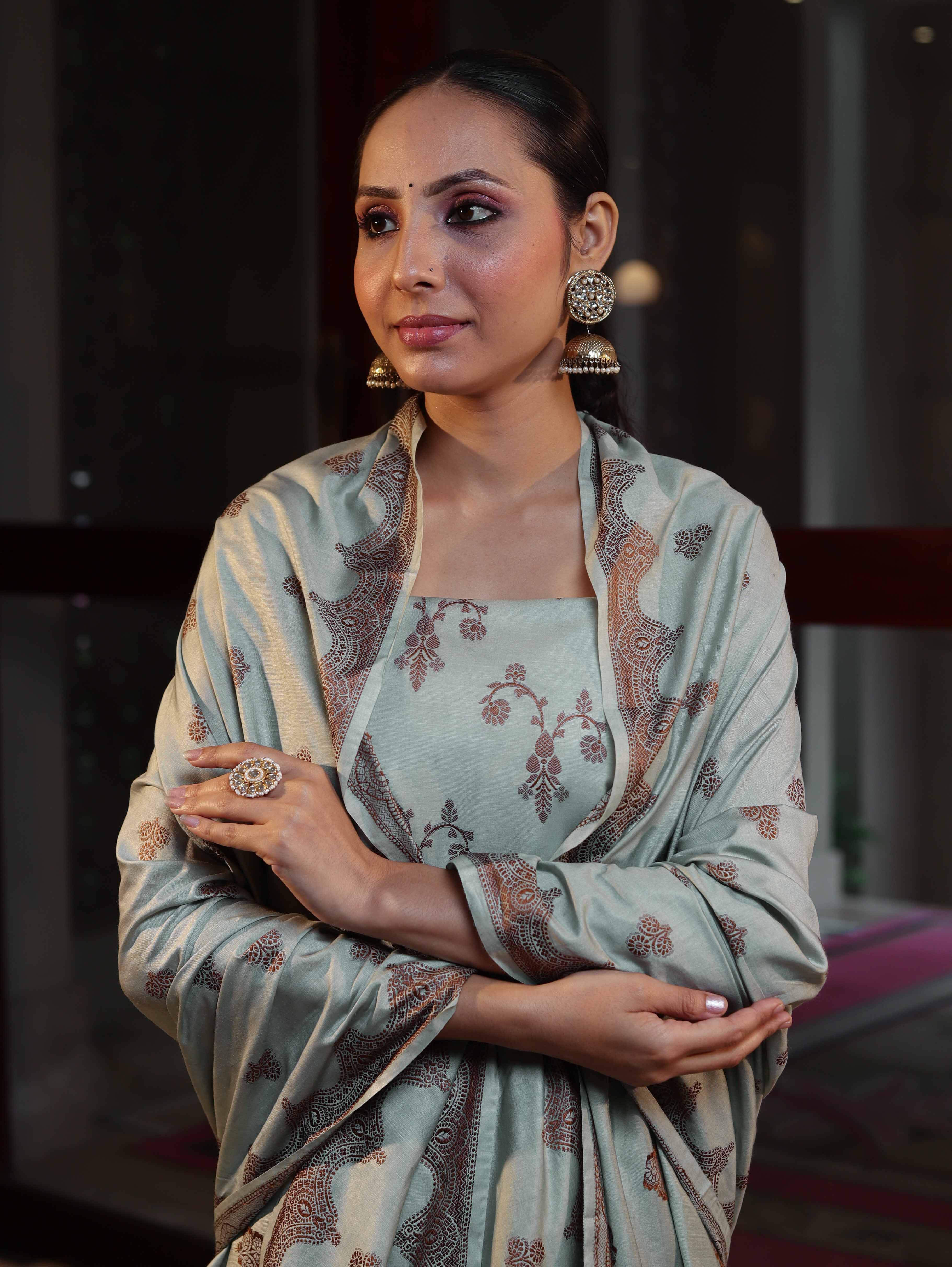 Banarasee Handloom Pure Cotton Silk Salwar Kameez Fabric With Dupatta-Sage Green