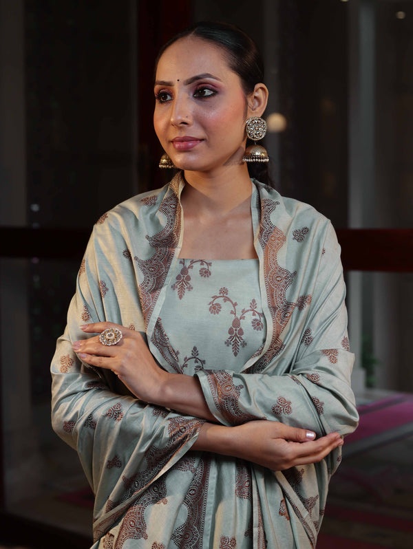 Banarasee Handloom Pure Cotton Silk Salwar Kameez Fabric With Dupatta-Sage Green