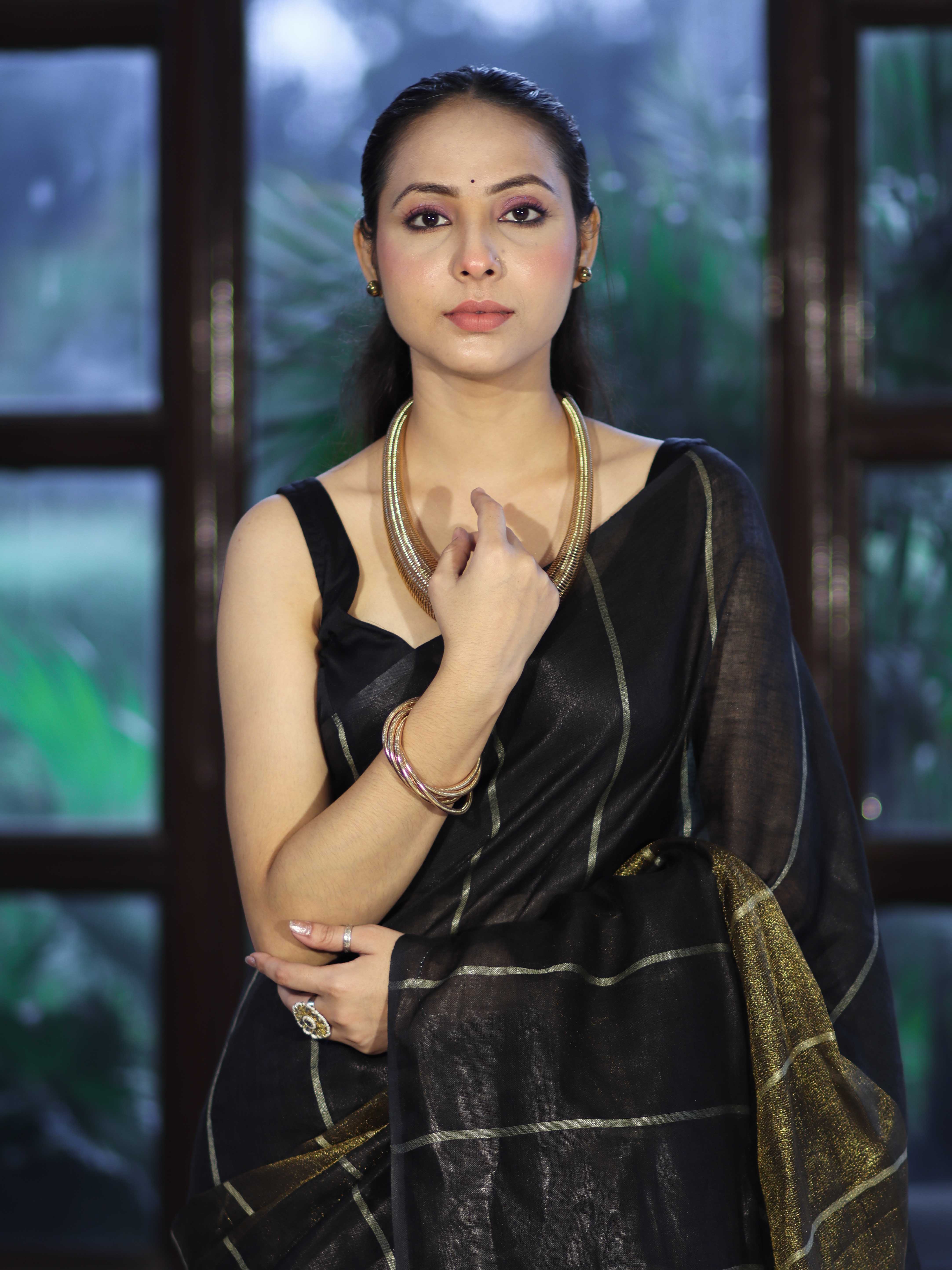 Bhagalpur Handloom Pure Linen Cotton Saree With Zari Stripes Design-Black & Gold