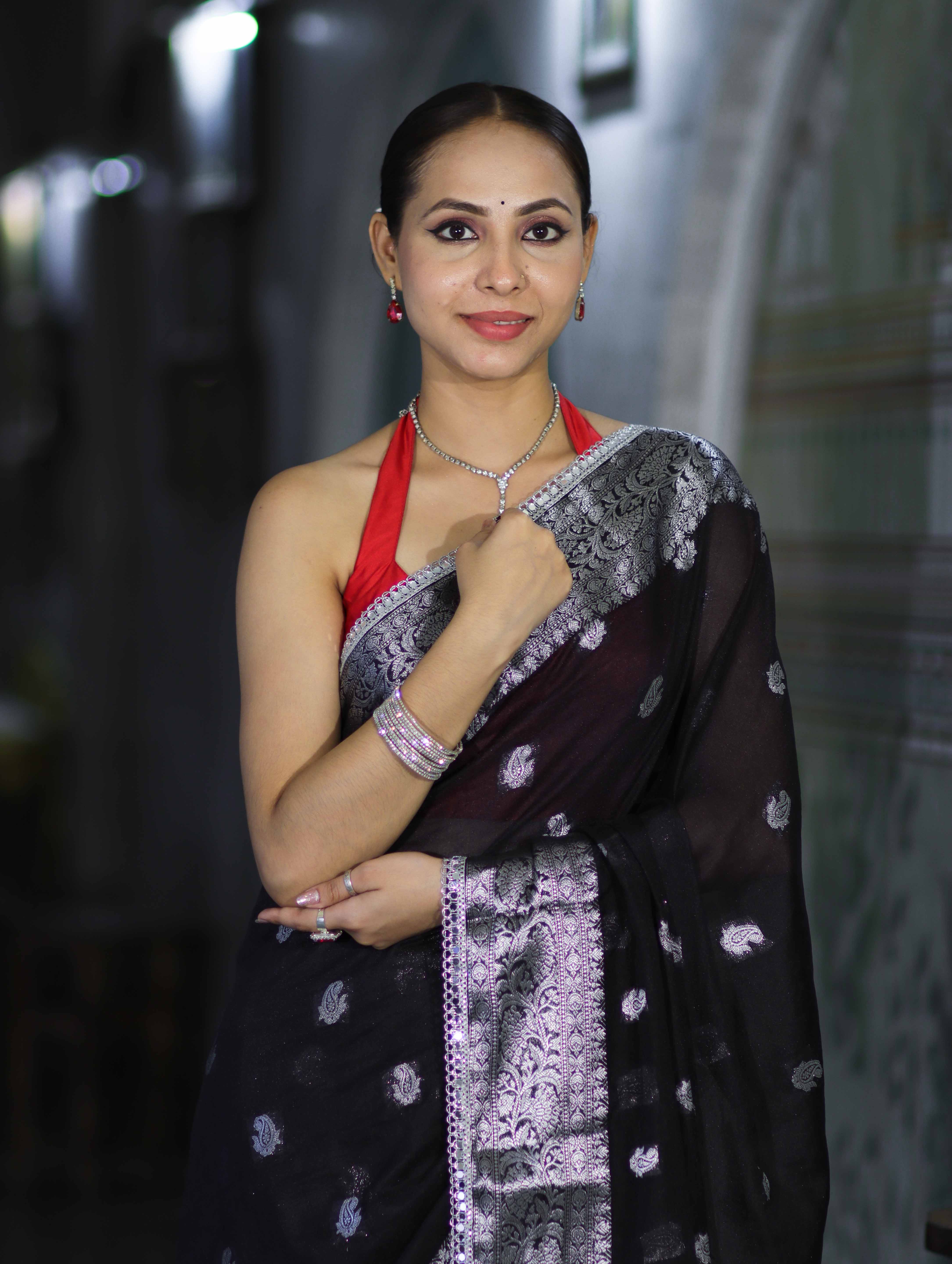 Banarasee Semi Chiffon Saree With Buta Work Silver Zari Border & Lace-Black