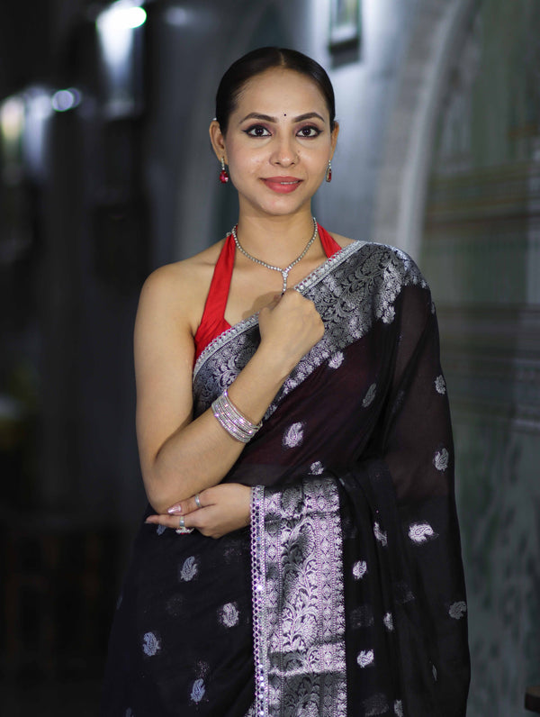 Banarasee Semi Chiffon Saree With Buta Work Silver Zari Border & Lace-Black