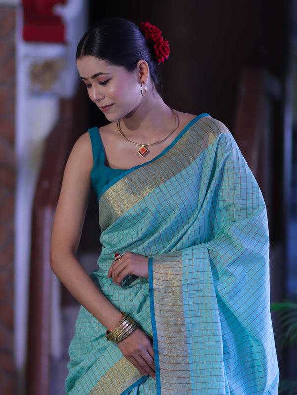Bhagalpur Handloom Pure Linen Saree With Zari Checks Design-Aqua Green