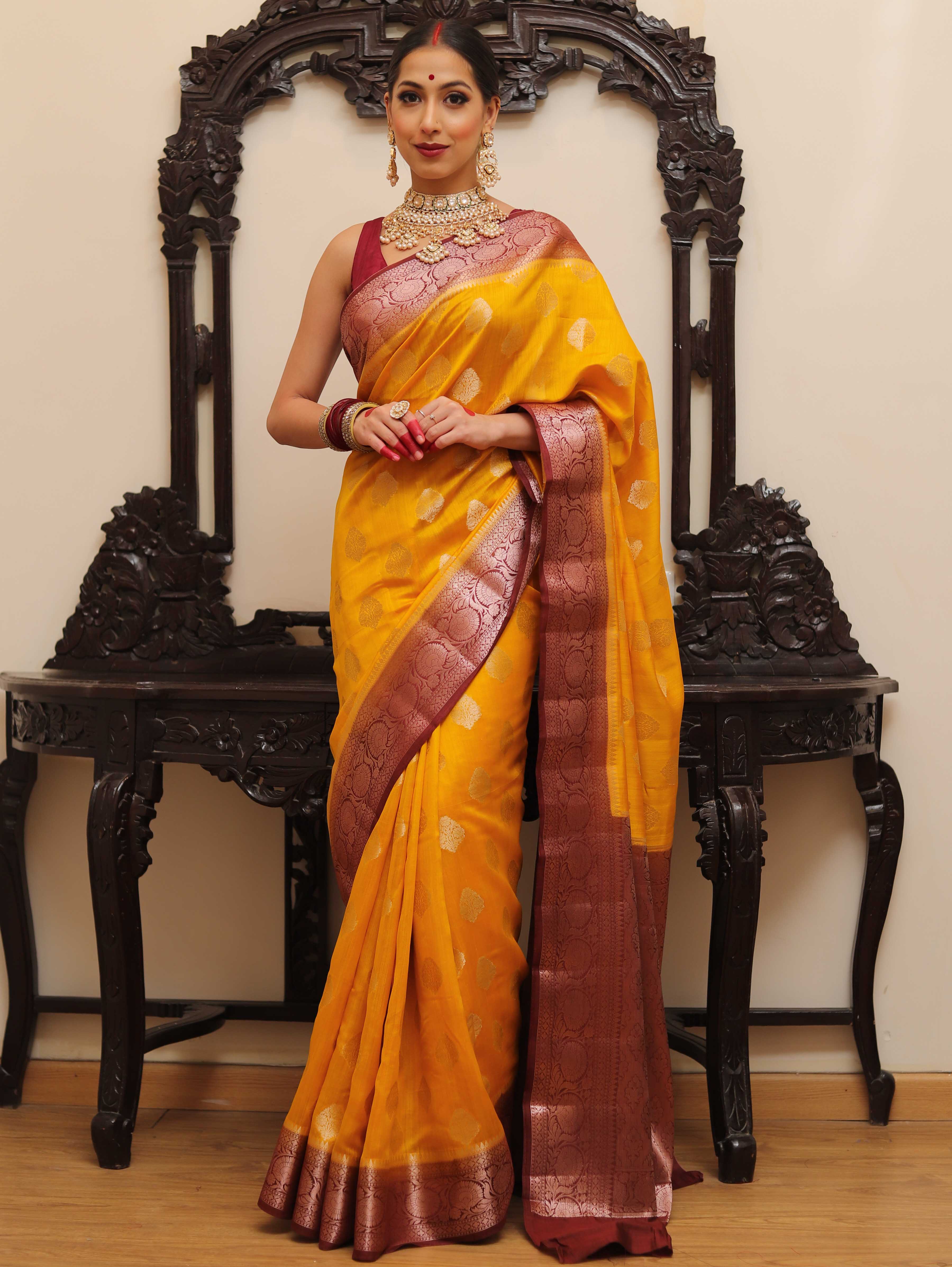 Banarasee Handloom Pure Chiniya Silk Saree With Zari Work & Contrast Border-Yellow & Brown