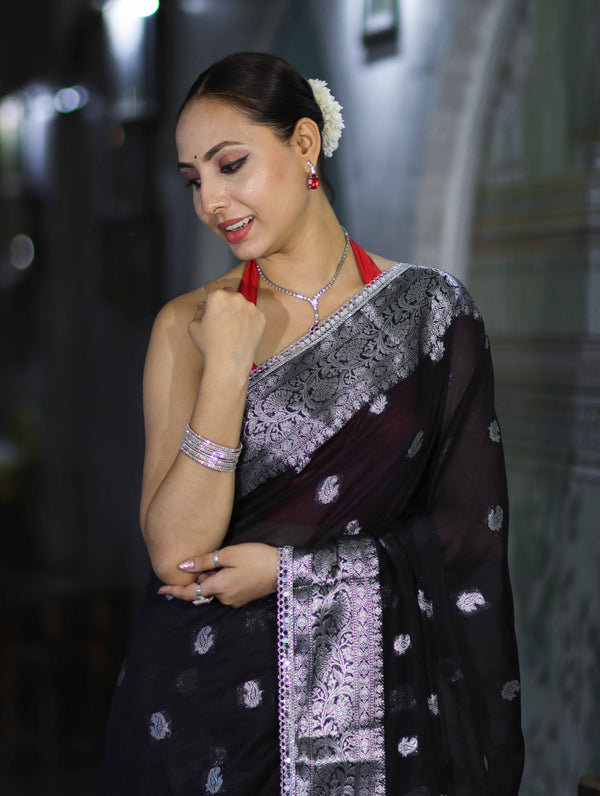 Banarasee Semi Chiffon Saree With Buta Work Silver Zari Border & Lace-Black
