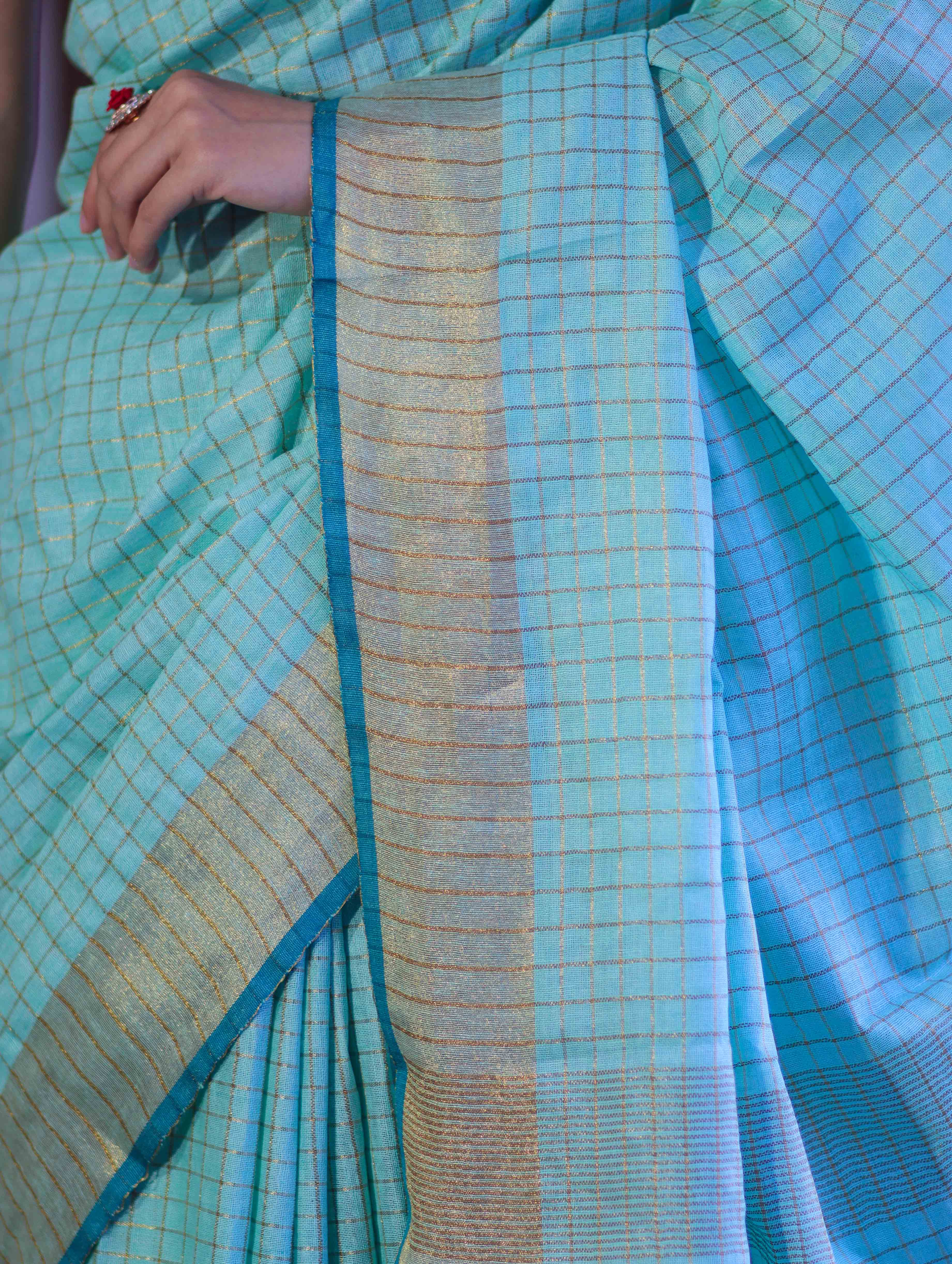 Bhagalpur Handloom Pure Linen Saree With Zari Checks Design-Aqua Green