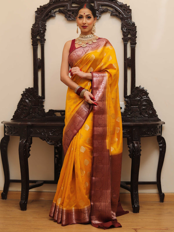 Banarasee Handloom Pure Chiniya Silk Saree With Zari Work & Contrast Border-Yellow & Brown