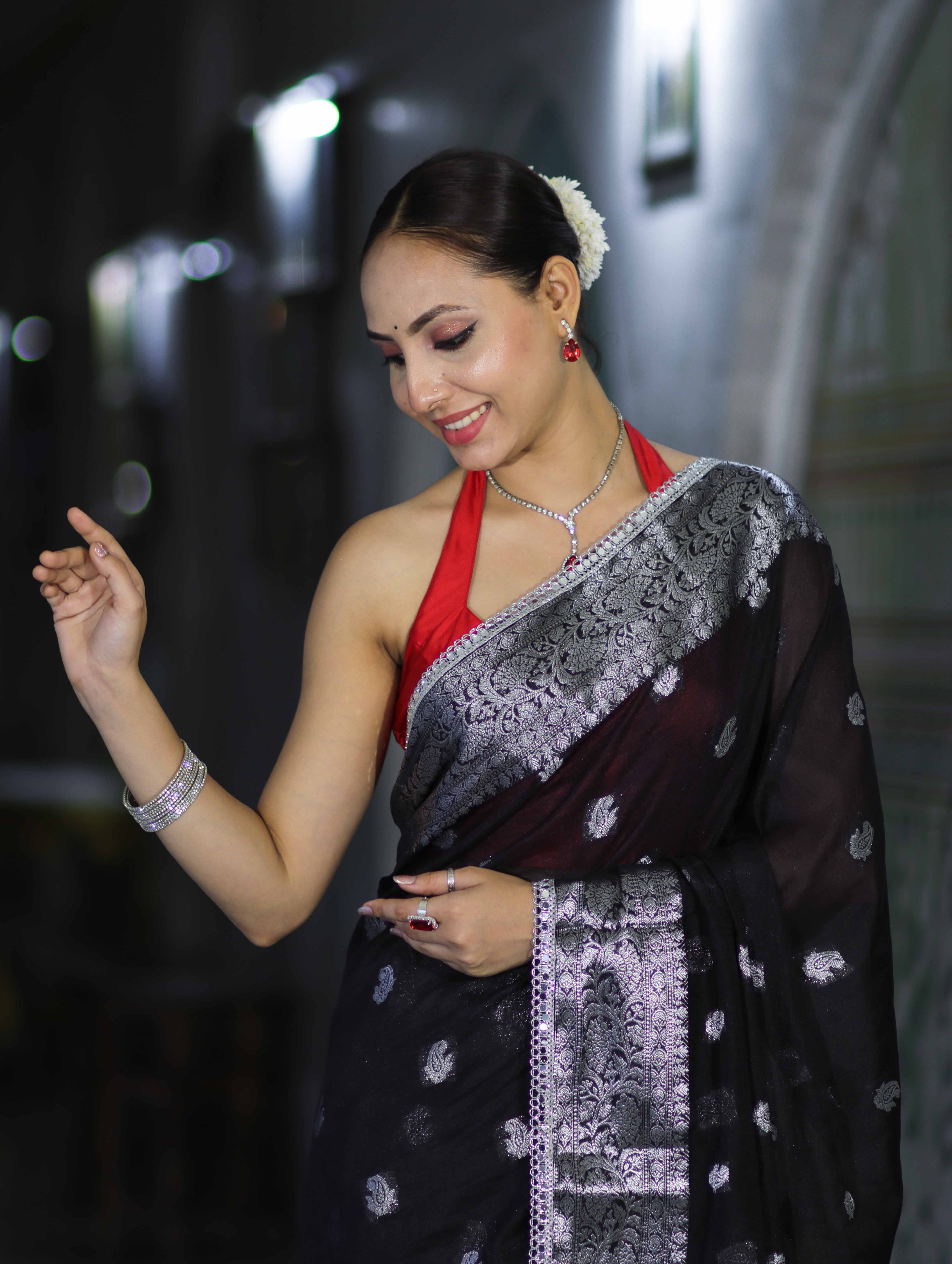 Banarasee Semi Chiffon Saree With Buta Work Silver Zari Border & Lace-Black
