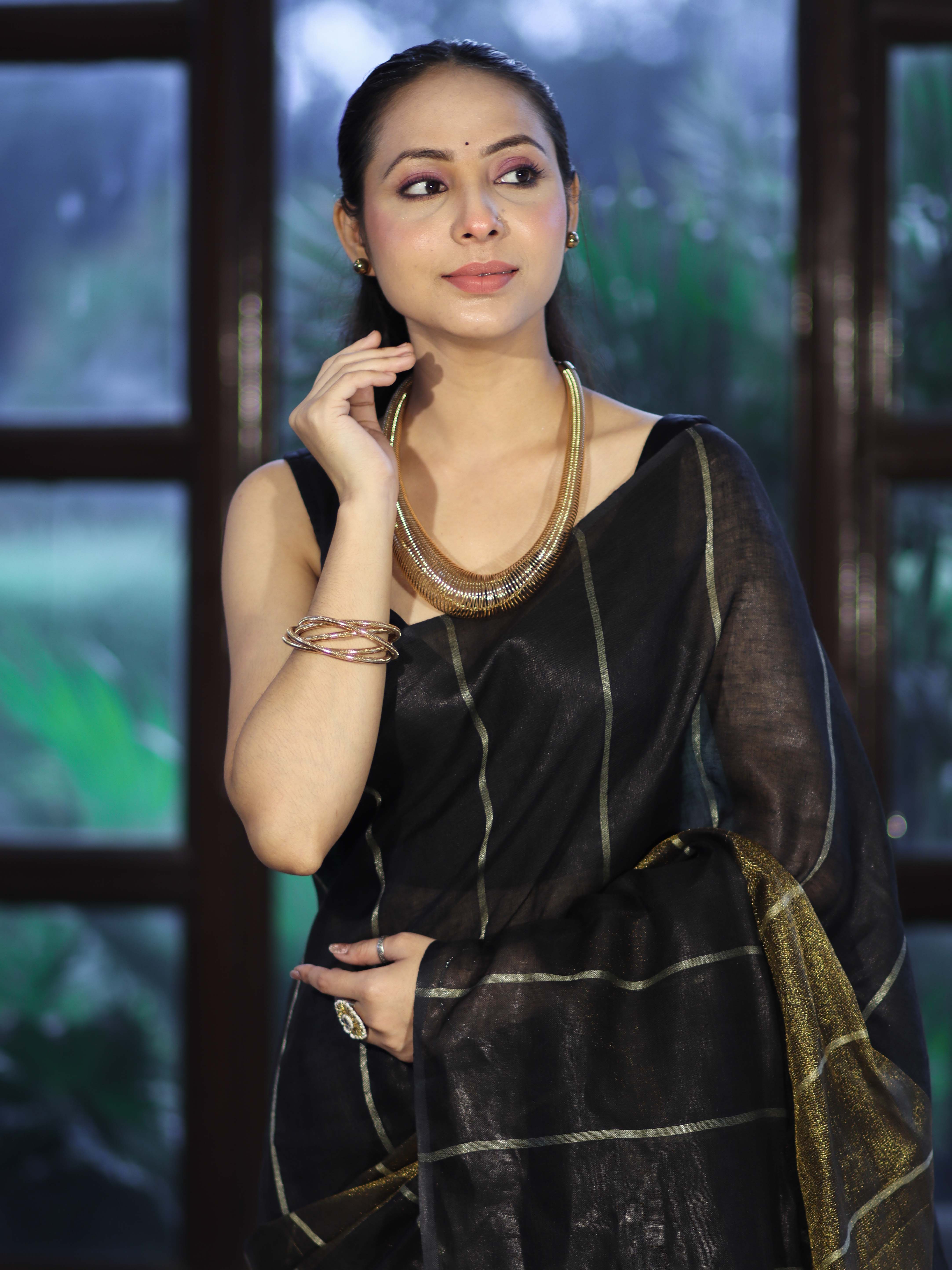 Bhagalpur Handloom Pure Linen Cotton Saree With Zari Stripes Design-Black & Gold