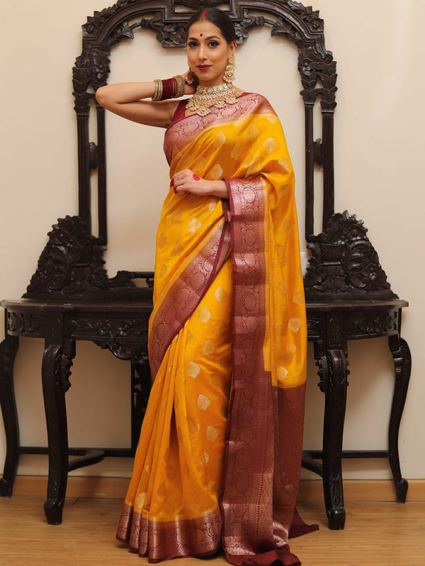 Banarasee Handloom Pure Chiniya Silk Saree With Zari Work & Contrast Border-Yellow & Brown