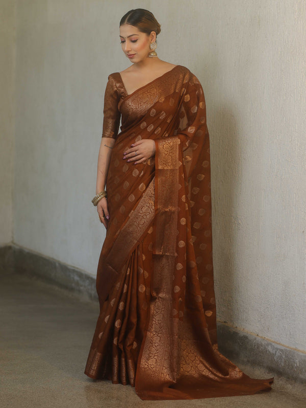 Banarasee Georgette Saree With Antiue Zari Buta Design & Border-Brown